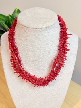 Red Coral Chip Multi-Strand Necklace - Faux Coral